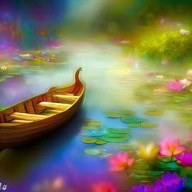 Imagine an enchanting rowboat floating on a dreamy pond with colorful flowers and lily pads.. Image 3 of 4
