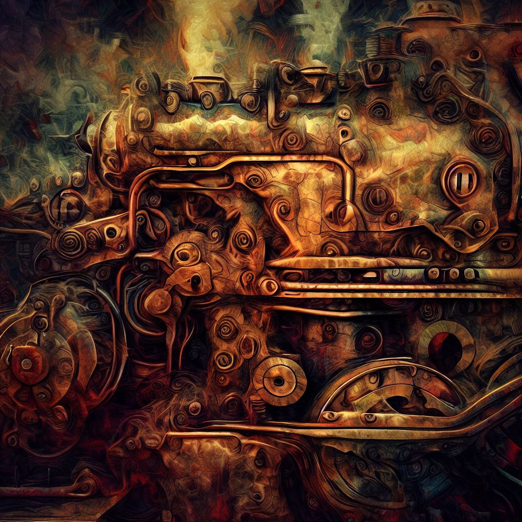 Create an image of an old fashioned steam engine with intricate details and a lot of texture.