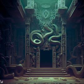 Design a gorgeous and mysterious temple filled with intricate carvings of snakes and other mystical creatures.. Image 4 of 4