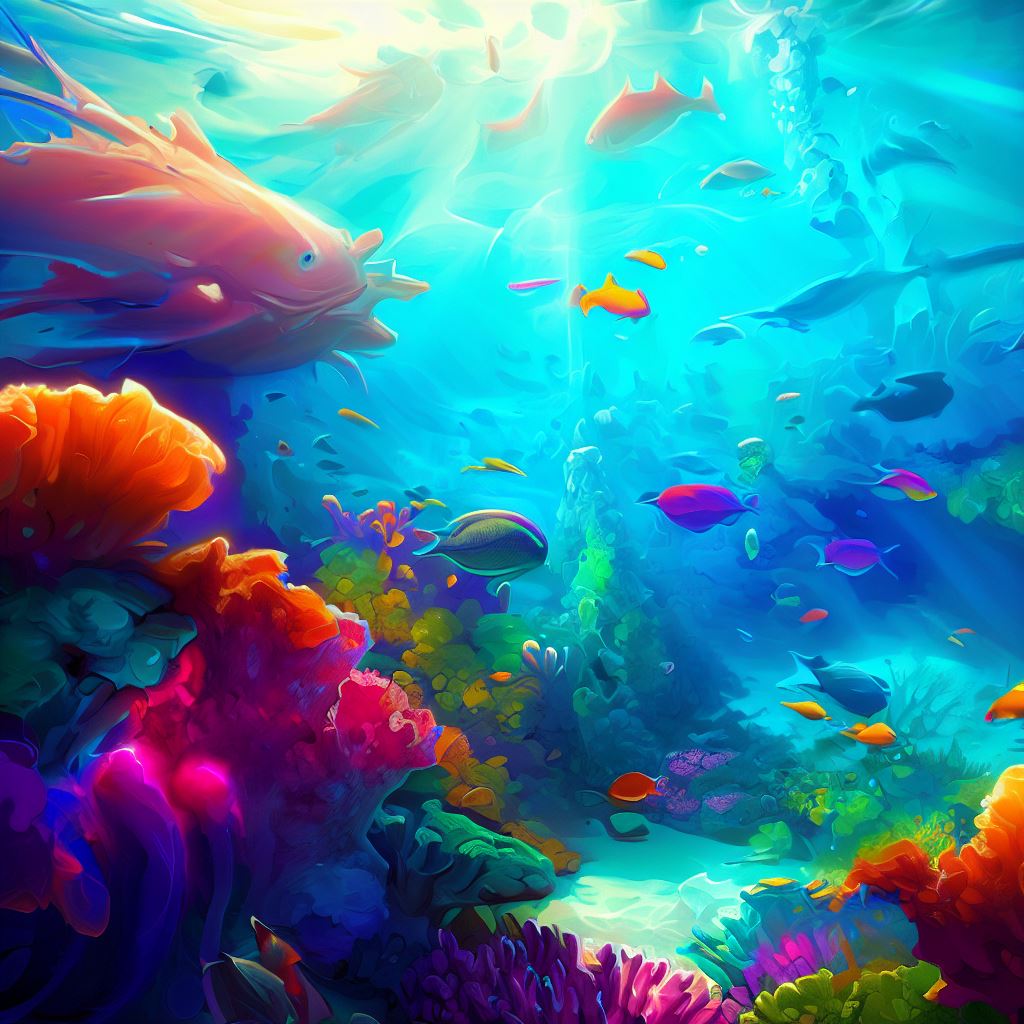 Depict a scene of vibrant aquatic life, with colorful fish and corals, near the equator.