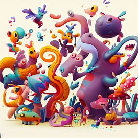 Bring to life a whimsical, cartoonish world where all sorts of fantastical creatures are playing and having fun together.. Image 4 of 4
