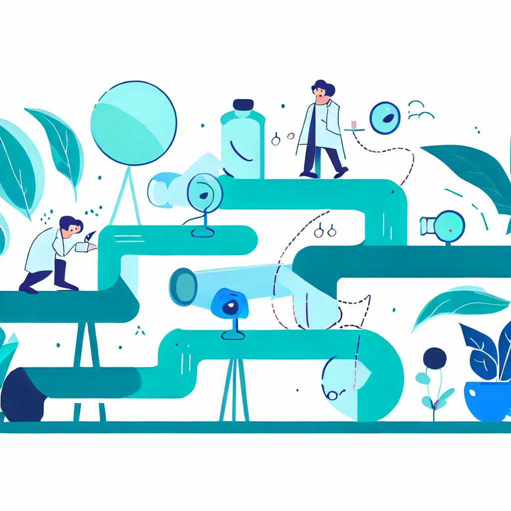 Visualize the scientific method as a journey, showing a scientist travel through all the steps, observing and testing along the way.