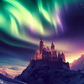 Aurora dancing above a magnificent castle surrounded by snow-capped mountains.. Image 2 of 4