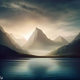 Create an image of a majestic plateau surrounded by water and framed by majestic mountains.. Image 1 of 4
