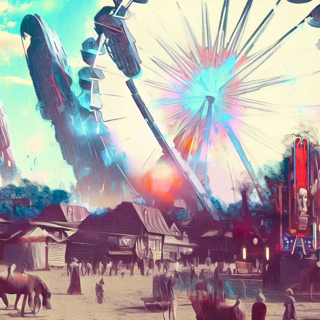 Mix the tradition of a quaint countryside fair with the excitement of a futuristic theme park and capture it all in a single, surreal illustration.