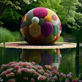 Design a ball made entirely of flowers, and let it be gently sinking in a pond surrounded by trees and reeds.. Image 2 of 4