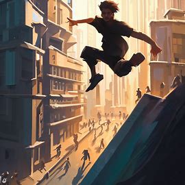 Depict a daring, parkour-style race through a bustling downtown, with athletes performing death-defying stunts and tricks.。第 2 个图像，共 4 个图像