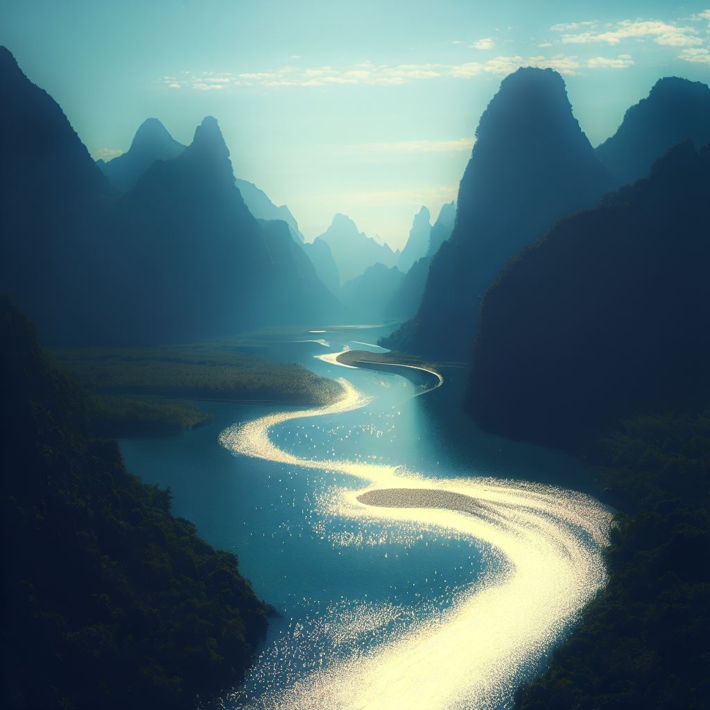 Imagine a winding river that sparkles in the sunlight surrounded by towering mountains.