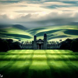 Create an image of Trinity College in Dublin, with rolling green hills in the background.. Image 3 of 4