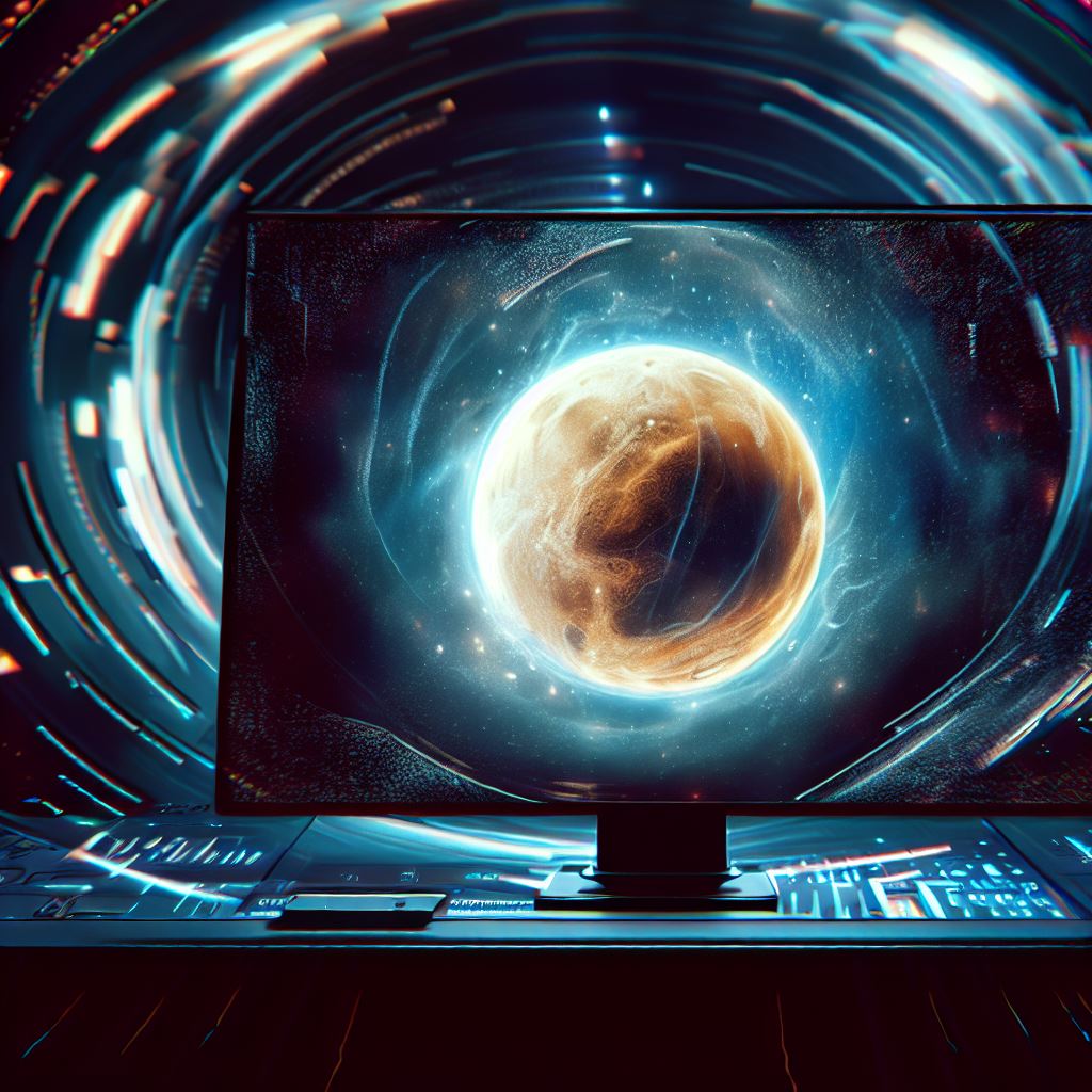 Visualize a computer with a monitor that displays a live and rotating view of the moon。第 4 个图像，共 4 个图像