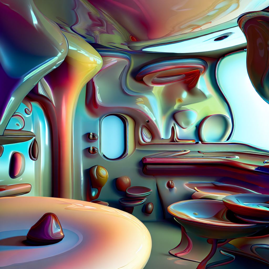 Imagine an alien kitchen with unusual shapes, colors, and surfaces