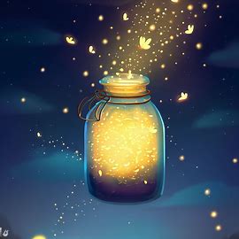 Create a whimsical and magical illustration of a jar filled with fireflies floating in a night sky.. Image 4 of 4