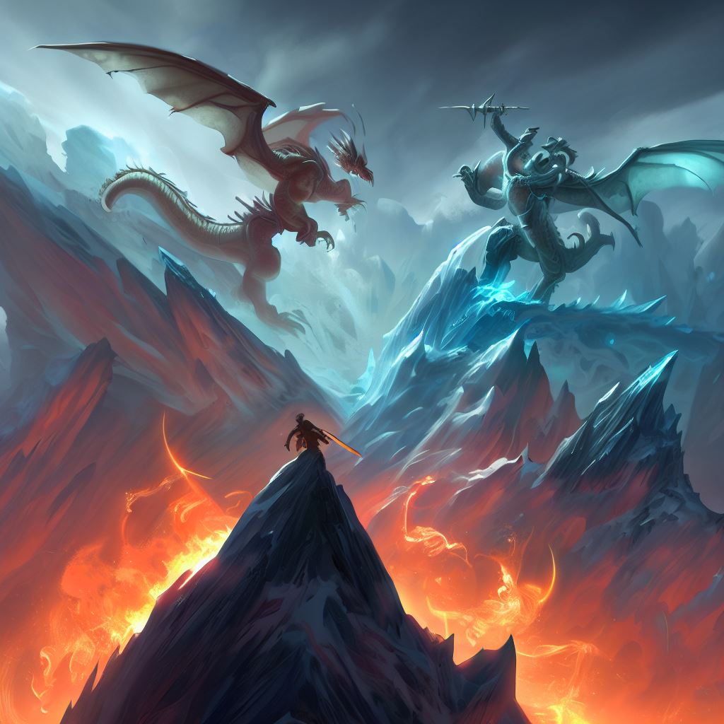Design an epic battle between ice dragons and fire beasts on top of a towering iceberg.