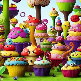 Create an image of a colorful, whimsical cupcake garden filled with imaginative cupcake creatures.