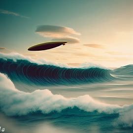 Create a surreal landscape with rolling waves and a surfboard floating in the air.. Image 4 of 4