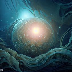 Create an intricate underwater scene with a large, glowing pearl in the center