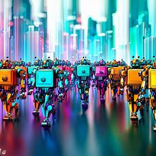 A colorful parade of robots marching through a futuristic cityscape