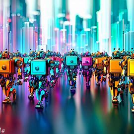 A colorful parade of robots marching through a futuristic cityscape. Image 1 of 4