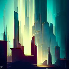 Illustrate a surrealist cityscape with towering skyscrapers and a futuristic feel.. Image 2 of 4