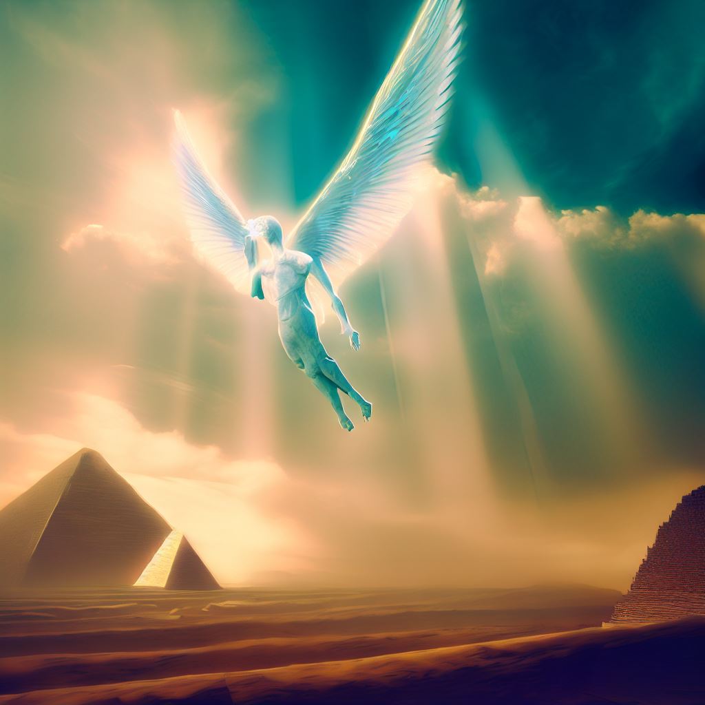 Create a surreal rendering of an angel hovering over the pyramids of Giza, one of the Seven Wonders of the World.
