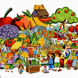 A whimsical representation of a local farmer's market, featuring an array of colorful crops, baskets, and joyful customers. Image 1 of 4