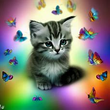 Create an image of a kitten surrounded by a rainbow of butterflies