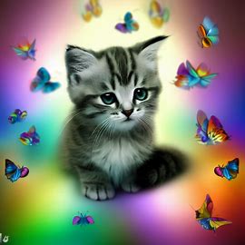 Create an image of a kitten surrounded by a rainbow of butterflies. Image 1 of 4