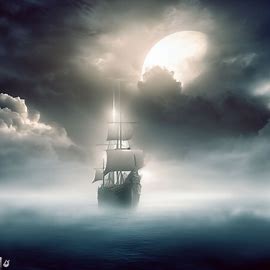 Create a stunning and ethereal image of a majestic ship sailing on a cloudy sea with the moon shining through the clouds.. Image 1 of 4