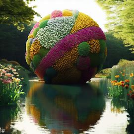 Design a ball made entirely of flowers, and let it be gently sinking in a pond surrounded by trees and reeds.. Image 4 of 4