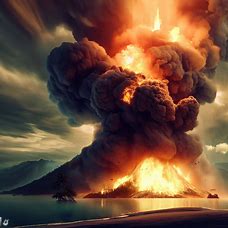Create an explosive scene on a deserted island, with a volcano and massive ash clouds.