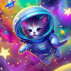 Design a futuristic world where kittens have their own space suits and float amongst colorful stars.