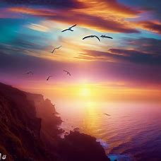 A enchanting sunset over the cliffs of Cornwall, England, with seagulls flying above.