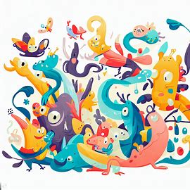 Bring to life a whimsical, cartoonish world where all sorts of fantastical creatures are playing and having fun together.. Image 3 of 4