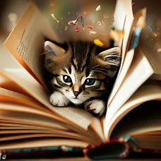 Show a kitten cuddled up inside a book, surrounded by pages filled with adventures and stories.