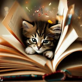 Show a kitten cuddled up inside a book, surrounded by pages filled with adventures and stories.. Image 1 of 4