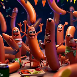 Imagine a sausage party where all the sausages are anthropomorphic characters enjoying a wild celebration.. Image 2 of 4