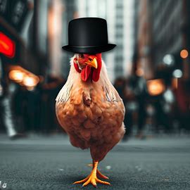 Picture a self-assured chicken wearing a top hat and confidently walking down a busy city street.. Image 3 of 4