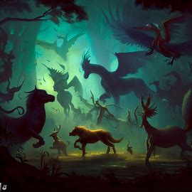 Depict a mystical world with a wide array of mythical animals like dragons, griffins, and centaurs, interacting with one another and their surroundings.. Image 1 of 4