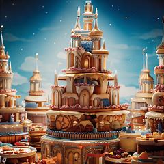 A fantastic fairy tale castle made entirely out of cheesecake towers and filled with sweet desserts