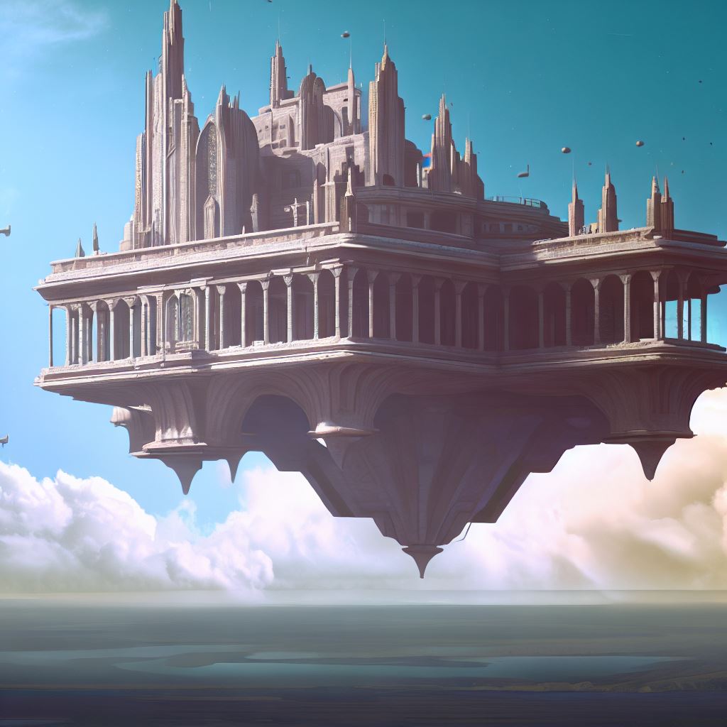 Create an imaginative and majestic building that floats in the sky.。第 3 个图像，共 4 个图像