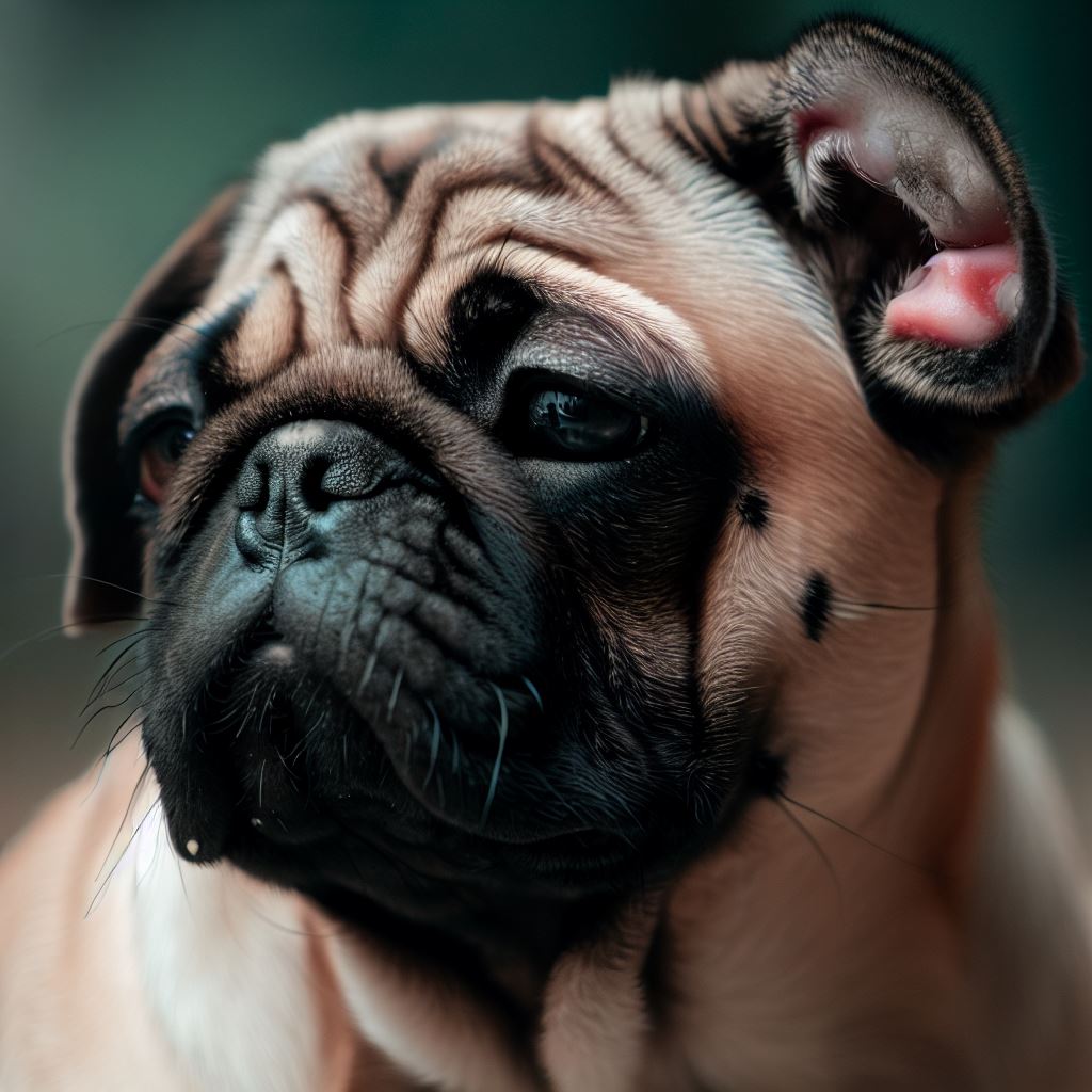 Make a portrait of a pug with cauliflower ear caused by playing rough with other dogs