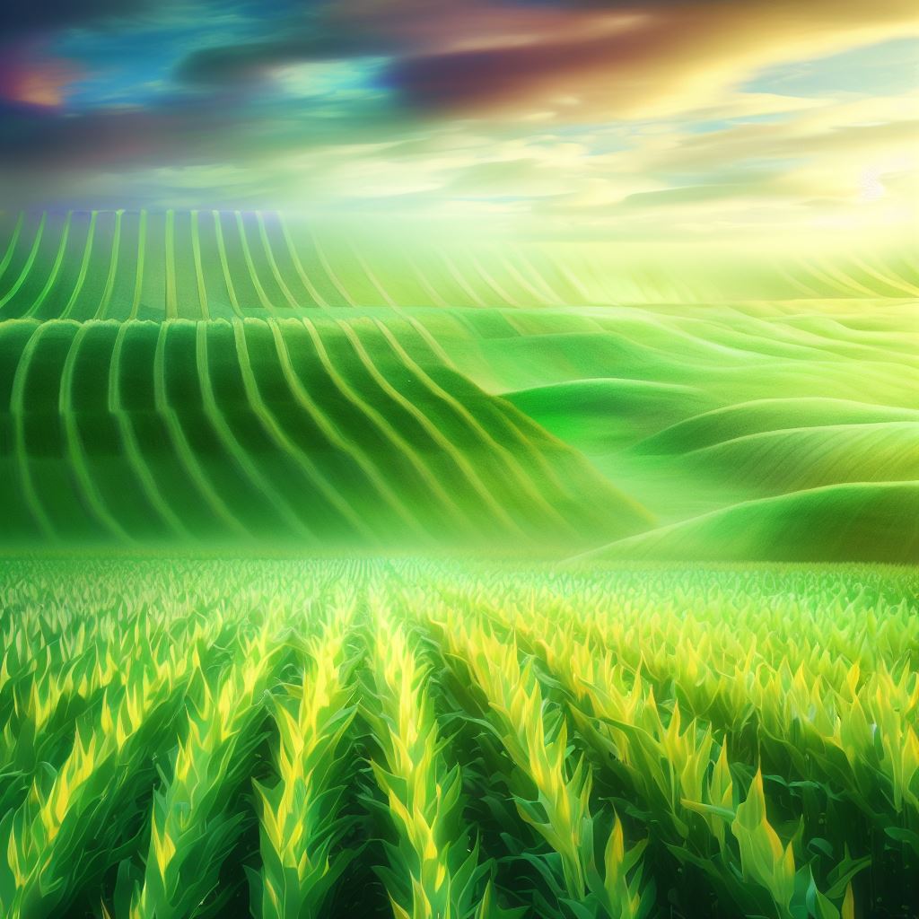Create an image of a lush and vibrant farm with rows of crops like corn and wheat.