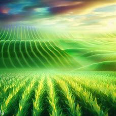 Create an image of a lush and vibrant farm with rows of crops like corn and wheat.