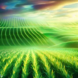 Create an image of a lush and vibrant farm with rows of crops like corn and wheat.. Image 1 of 4
