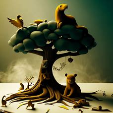 Make an art piece depicting a tree with different animals sitting on it