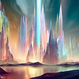 What do you think a city built entirely out of quartz would look like? Envision towering spires and buildings shining in the sun, reflecting the light in a spectrum of colors.”. Image 1 of 4