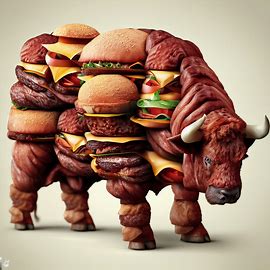 Create an image of a magnificent and monstrous cow made of burgers and steaks.. Image 2 of 4