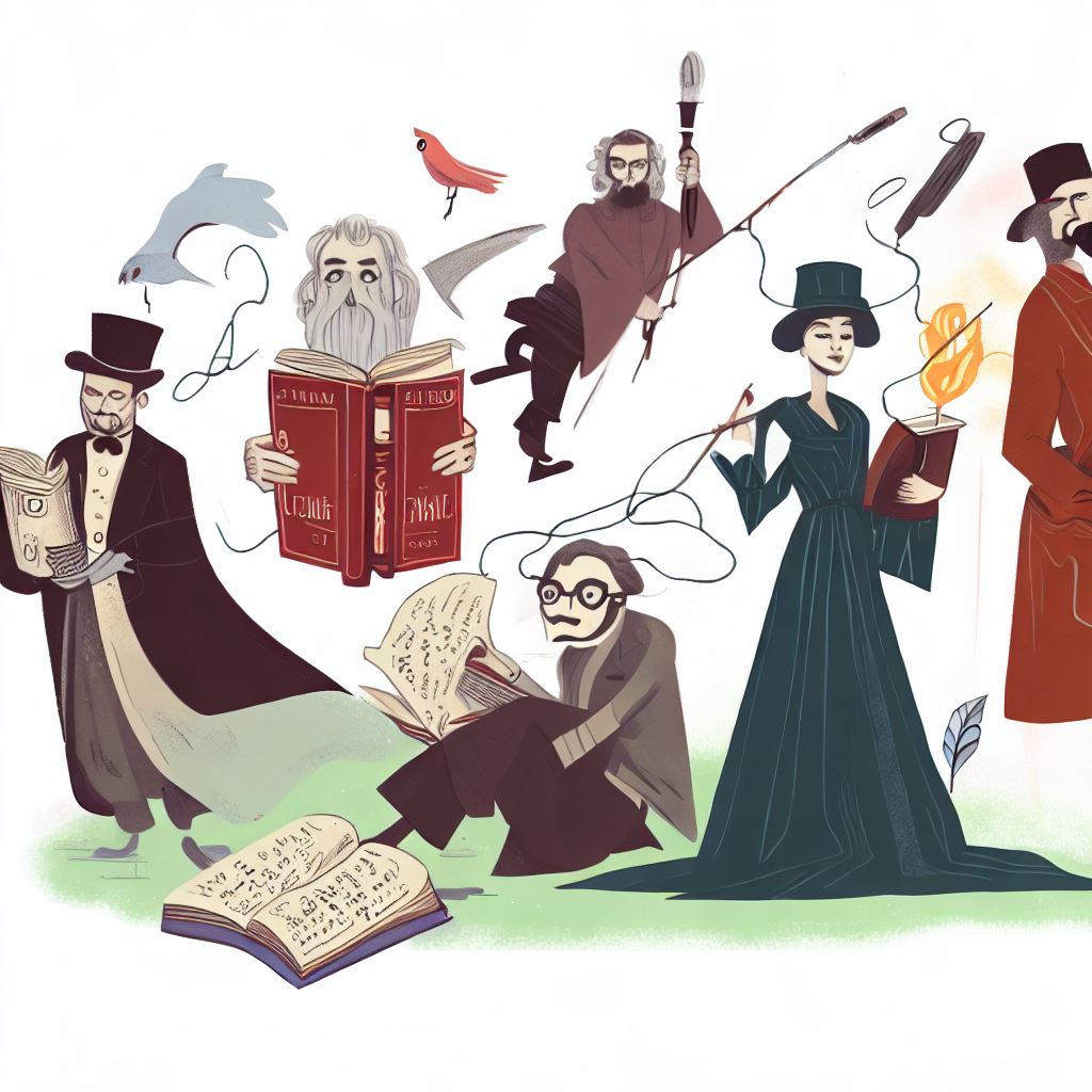 Draw a whimsical take on famous British literature with famous authors and their works as characters