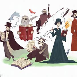 Draw a whimsical take on famous British literature with famous authors and their works as characters. Image 1 of 4