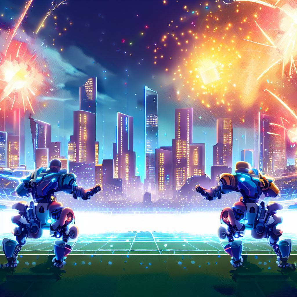 Illustrate a city skyline at night, showing a bright display of lights and fireworks, as two teams of robots face off in a high-stakes soccer match.。第 3 个图像，共 4 个图像